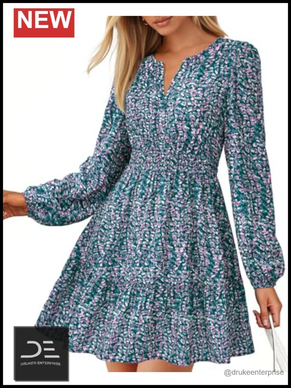 Women's Floral Long Sleeve Mini Dress V-Neck A-Line Lightweight